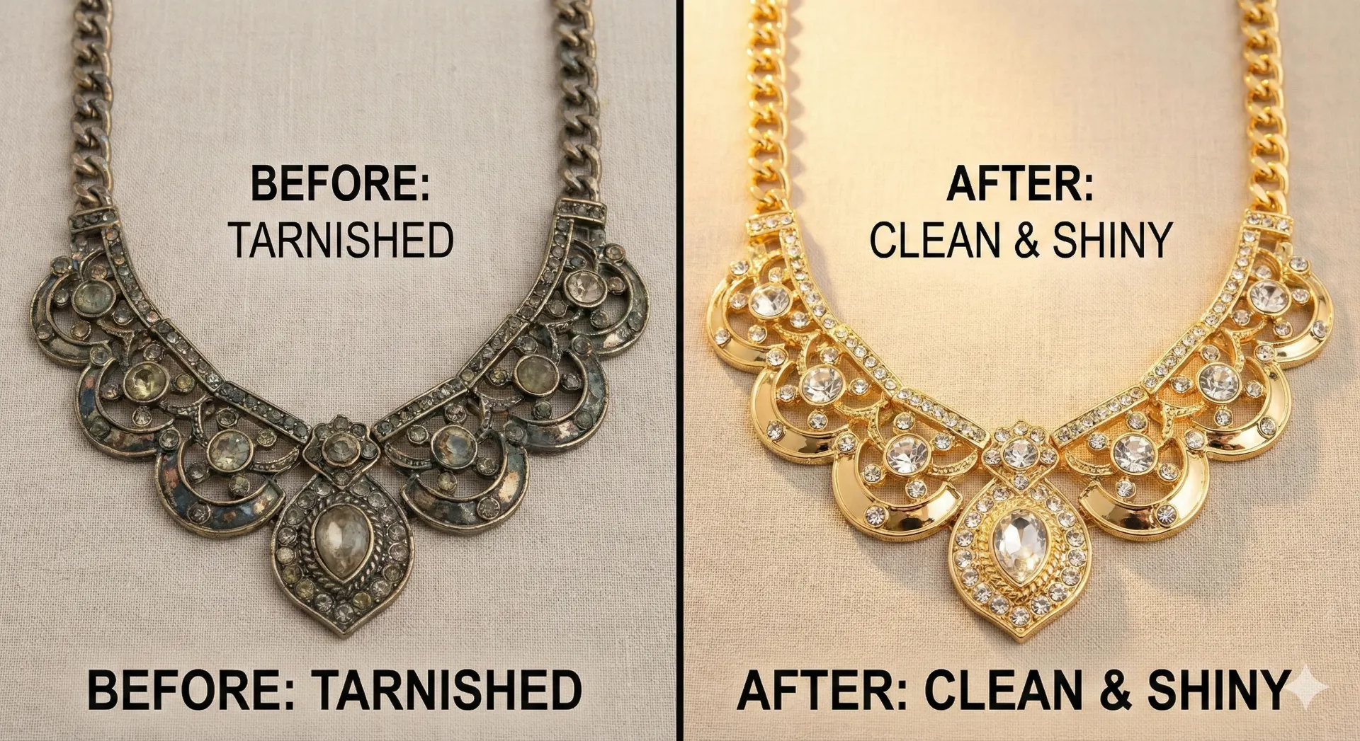 Comparison of a tarnished artificial necklace versus a clean and shiny gold plated necklace